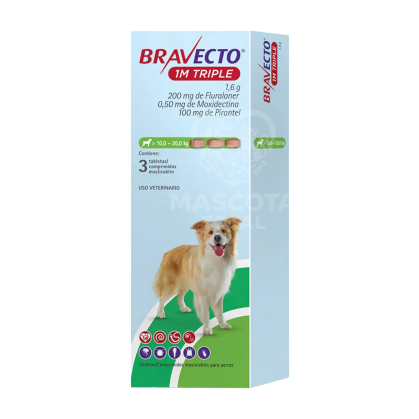 Bravecto® 1M Triple | Tableta de Protección Mensual Contra pulgas, garrapatas y parásitos internos.