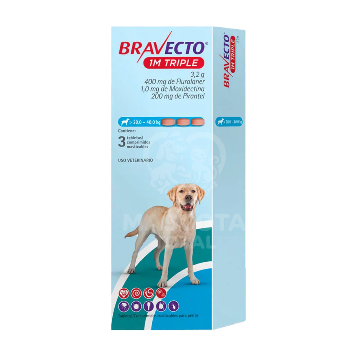 Bravecto® 1M Triple | Tableta de Protección Mensual Contra pulgas, garrapatas y parásitos internos.