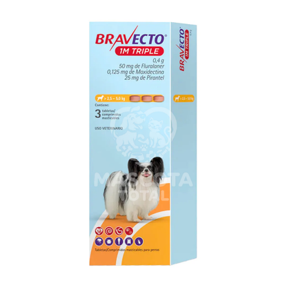 Bravecto® 1M Triple | Tableta de Protección Mensual Contra pulgas, garrapatas y parásitos internos.