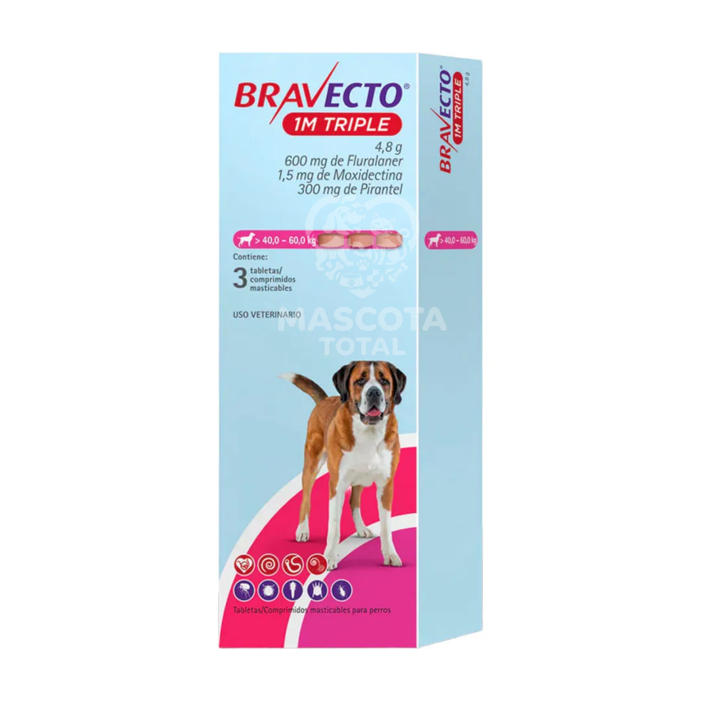 Bravecto® 1M Triple | Tableta de Protección Mensual Contra pulgas, garrapatas y parásitos internos.