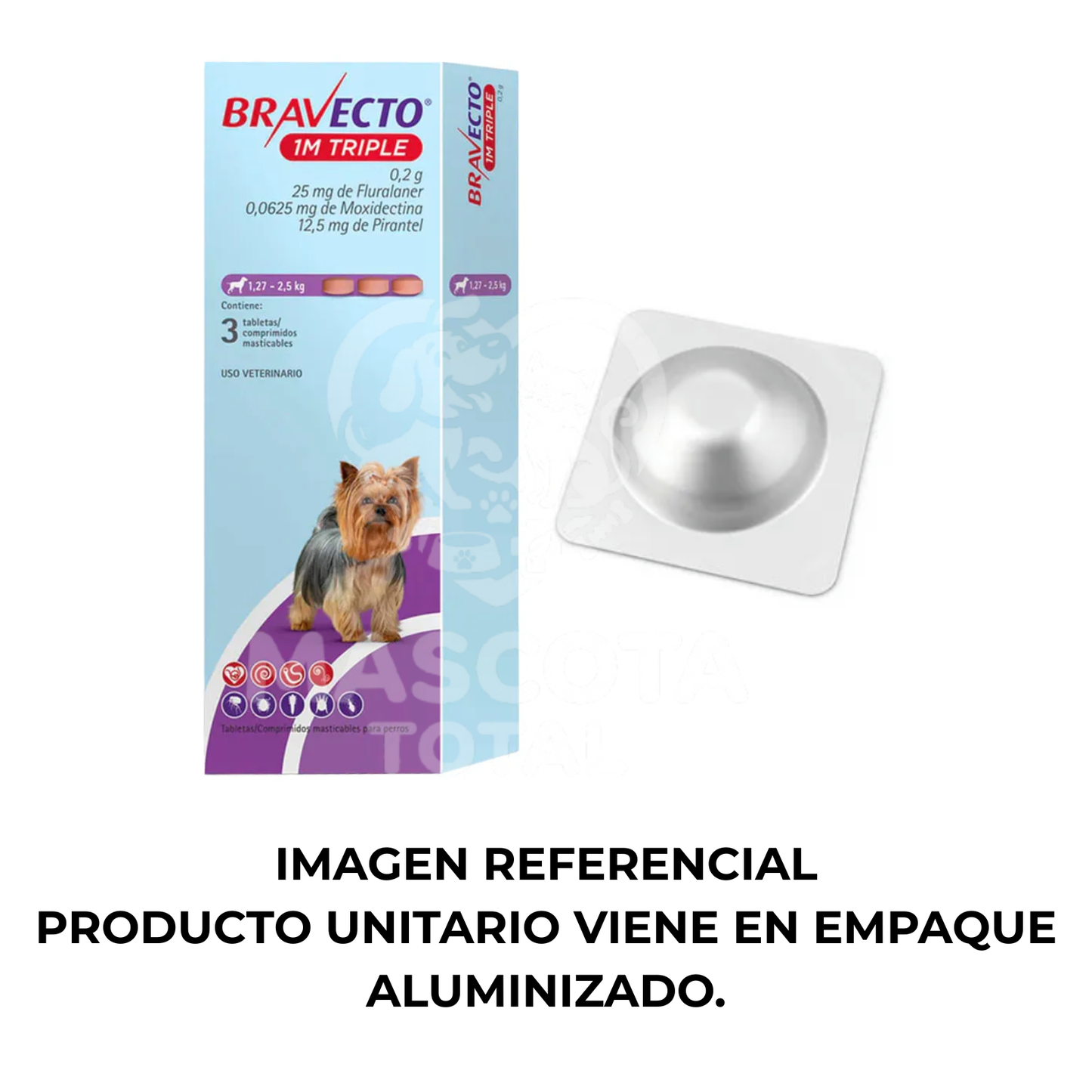 Bravecto® 1M Triple | Tableta de Protección Mensual Contra pulgas, garrapatas y parásitos internos.