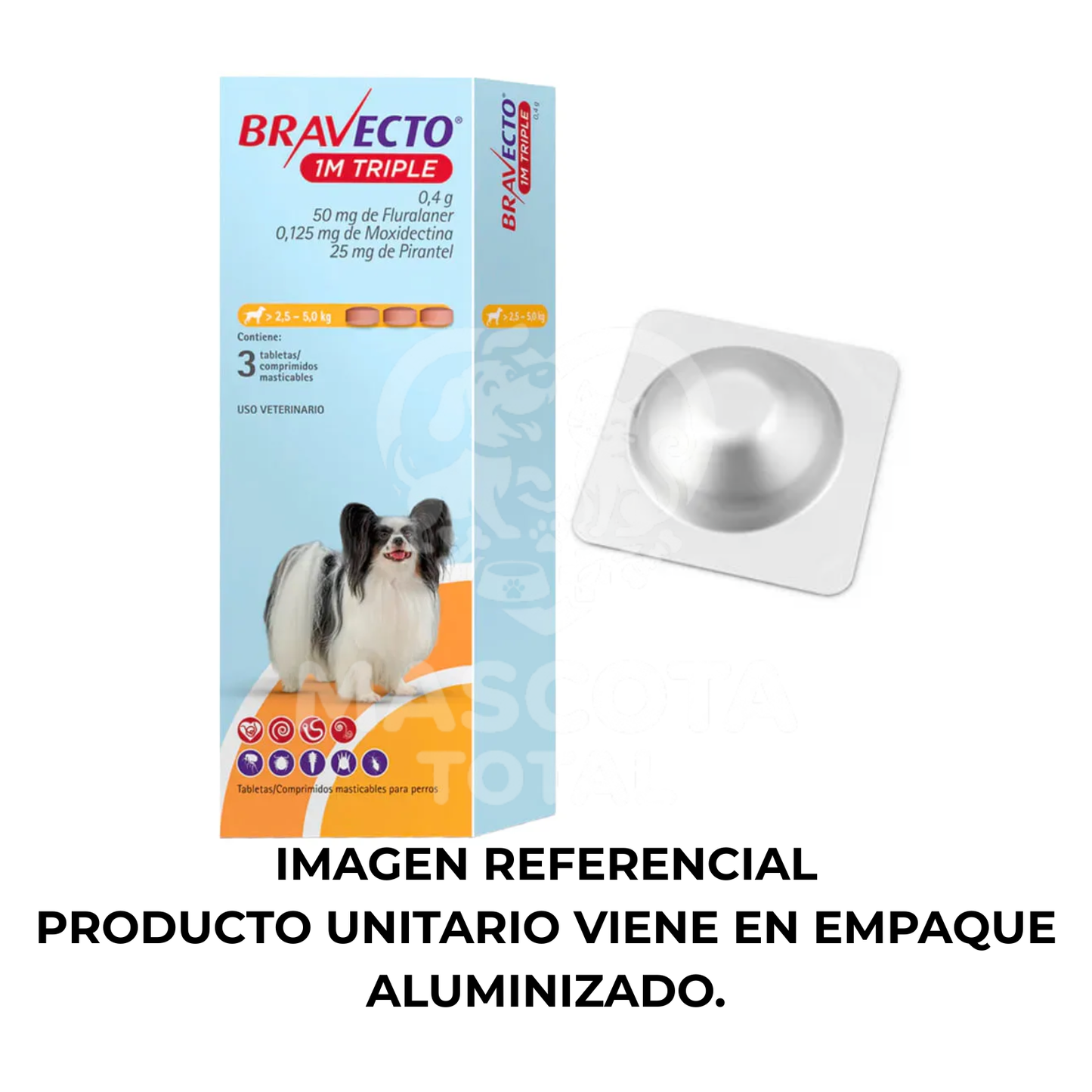 Bravecto® 1M Triple | Tableta de Protección Mensual Contra pulgas, garrapatas y parásitos internos.
